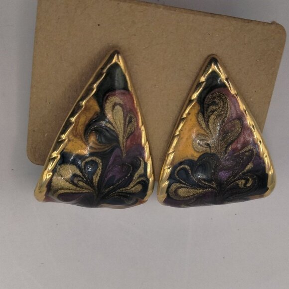 Enamel Abstract Pierced Earrings Large Teardrop Shape Vintage Gold Tone - Picture 2 of 4